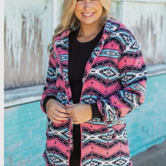 Women's Pink‎ Aztec Patterned Sherpa Jacket - Picture 1 of 4
